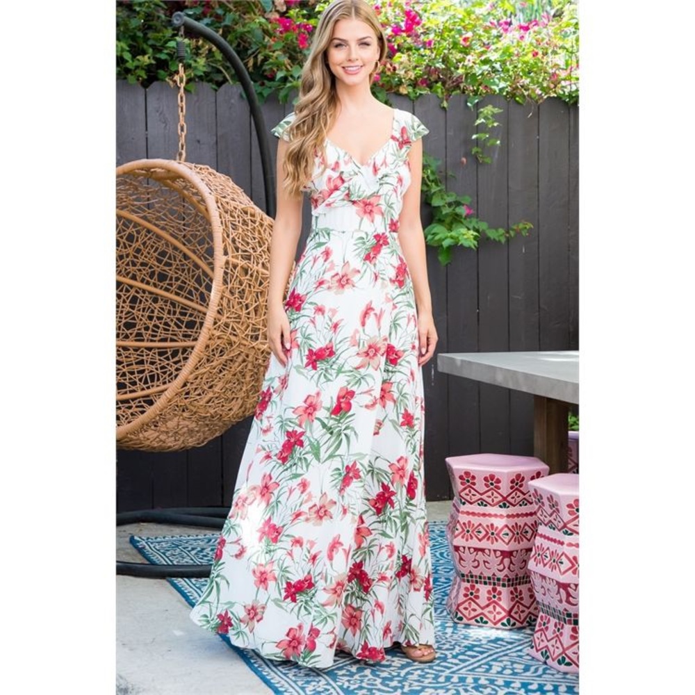 WHITE MAUVE GREEN RUFFLE NECKLINE FLORAL MAXI DRESS - Picture 3 of 7